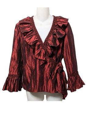 JACKIE JON Crinkle Lace Wrap Front Ruffle Blouse 6